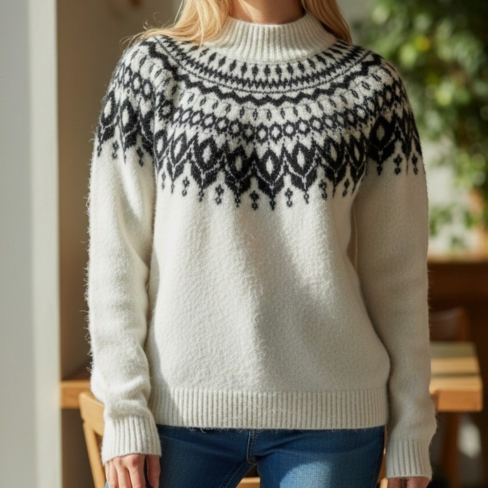 Chico's (Sweater) (1) [Cream Black] EXCELLENT Fair Isle Mock Neck Knit Pullover
